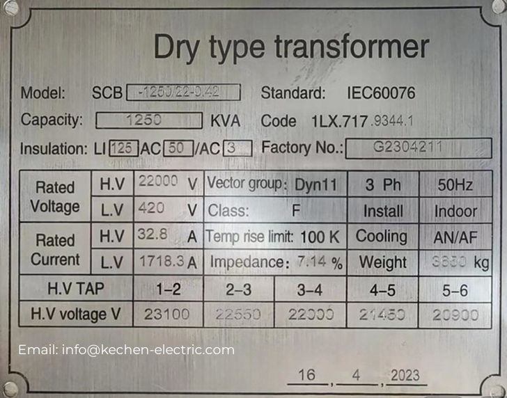 1250kVA-22/0.42kV Dry Type Transformer