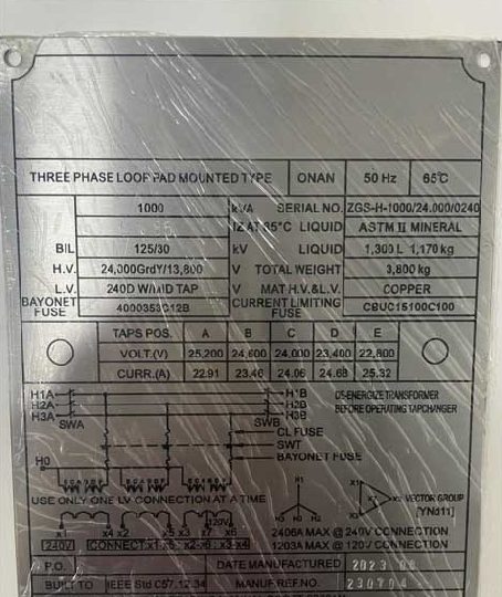 1000 KVA-24GrdY/13.8-0.24/0.12 KV Dead Front Loop Type Three Phase Pad Mounted Transformer