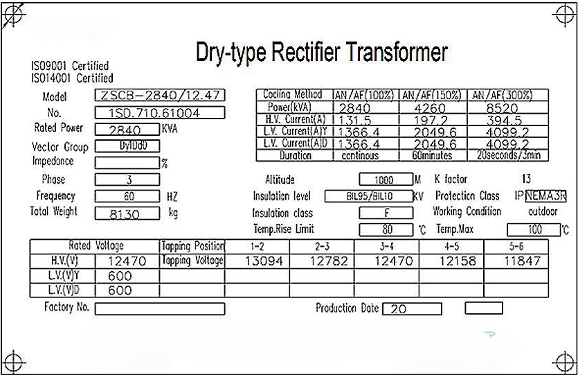 2840 KVA 12.47/0.6KV Dry Type Traction Power Rectifier Transformer