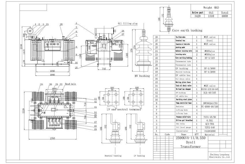 2.5 MVA 2500KVA 11KV Three Phase Distribution Transformer