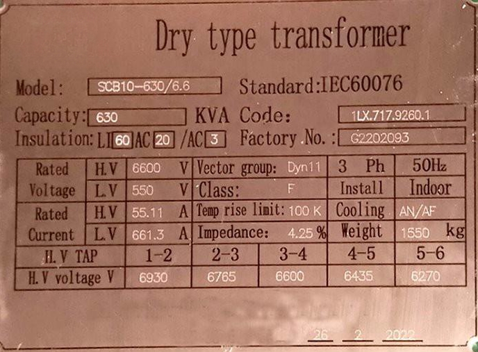 630 KVA Epoxy Resin Cast Delta Star Dry Type Transformer
