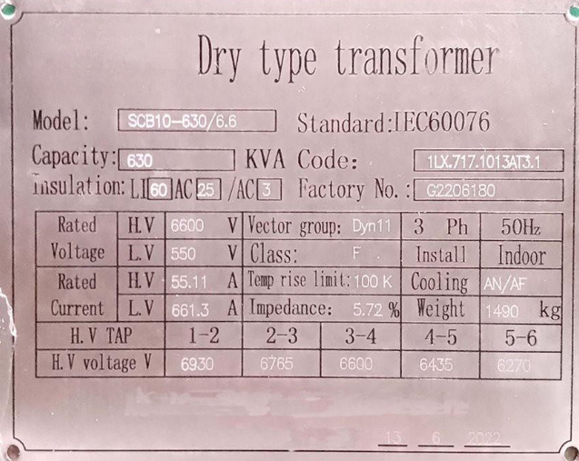 630 KVA 6.6 KV Epoxy Resin Cast Delta Star Dry Type Transformer