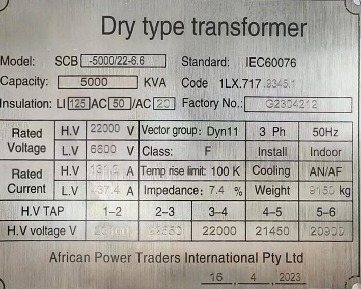 5000kVA-22/6.6kV Step Down Dry Type Transformer