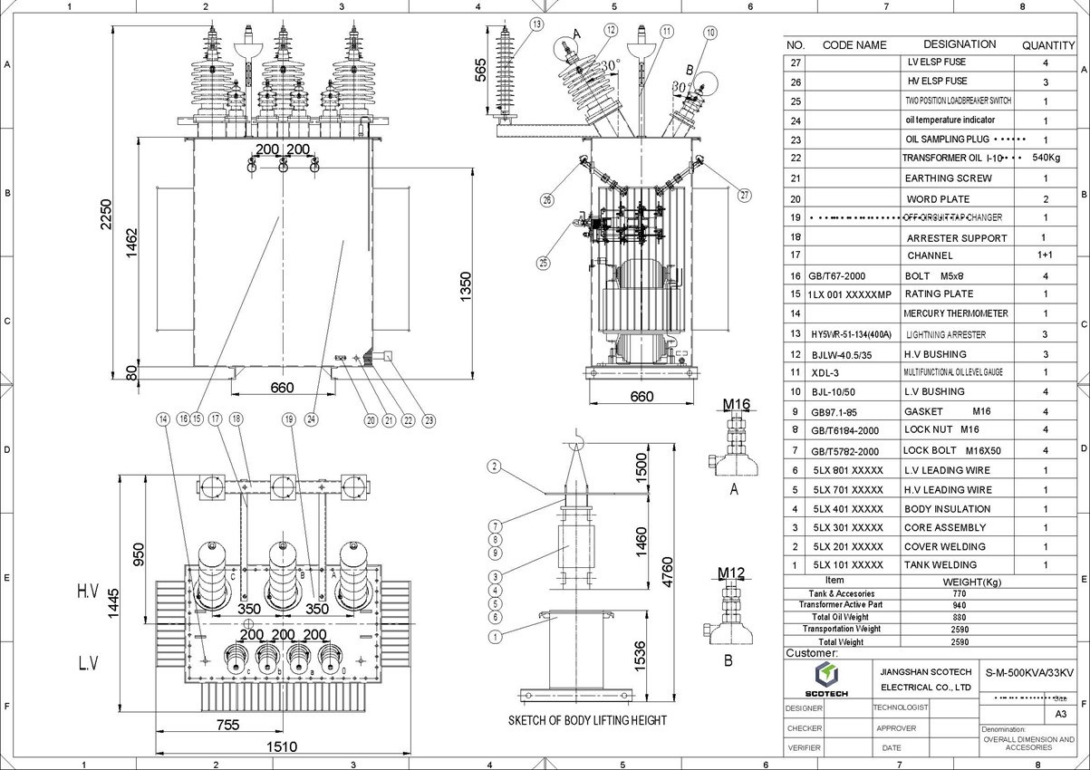 500kVA-33/6.6kV Distribution Step Down Transformer