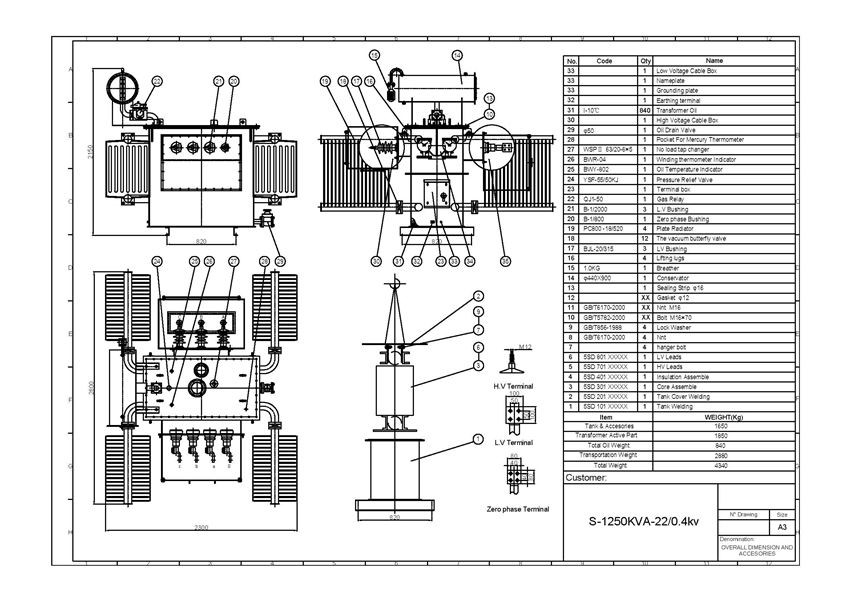 1250kVA-22/0.4kV Oil Immersed step down Transformer