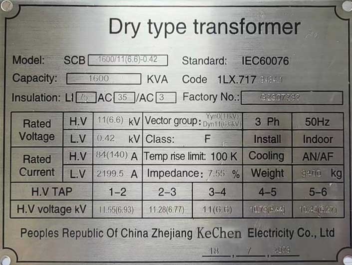 1600 KVA-11(6.6)/0.42 KV Step Down Dry Type Transformer