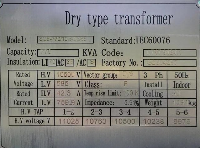770 KVA-10.5/0.585 KV Dry Type Transformer