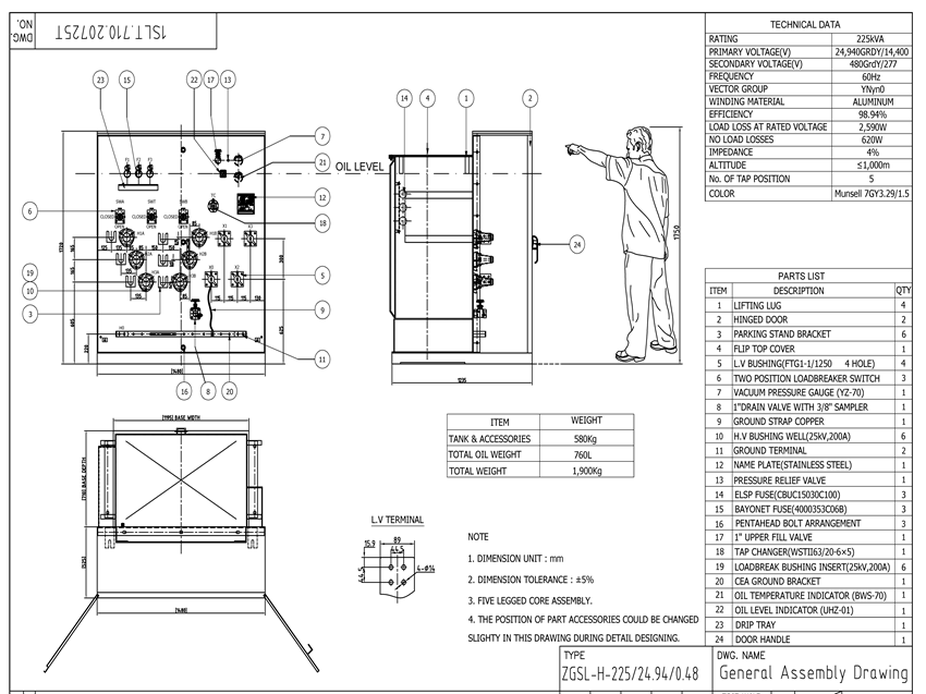 225 KVA-24.94GRDY/14.4-0.48GrdY/0.277 KV Step Down Three Phase Pad Mounted Transformer