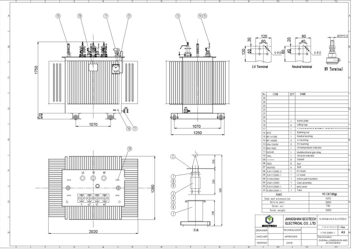 3MVA-6.6/0.525kV Oil Immersed Distribution Transformer
