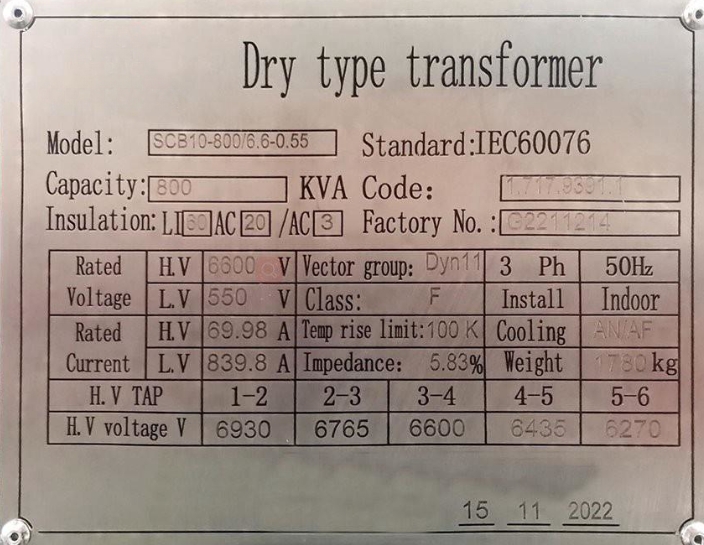 800 KVA 6.6 KV Class F Epoxy Resin Cast Dry Type Transformer