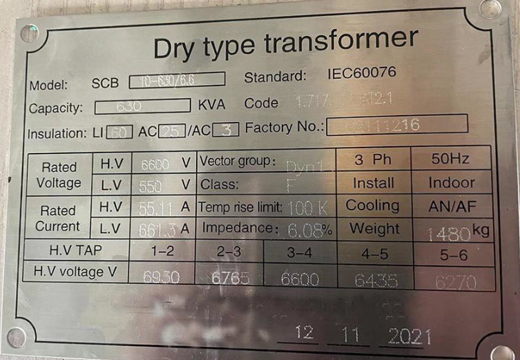 630 KVA 6.6kV Three Phase Dry Type Transformer