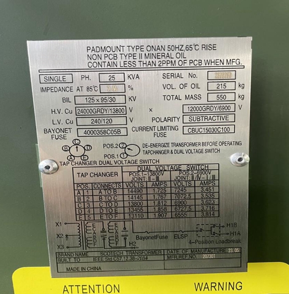 25 KVA-24GrdY/13.8-12GrdY/6.9-0.12/0.24 KV Single Phase Pad Mounted Transformer