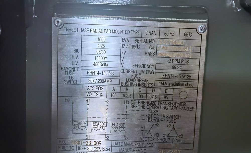 1000kVA-13.8/0.48kV Live Front Pad Mounted Transformer